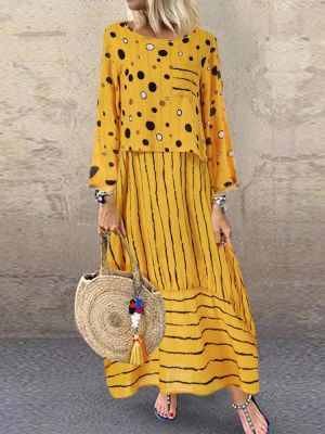 suzanne חרדל Vintage Print Polka Dots Striped Two-piece Maxi Dress