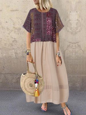 suzanne ורוד Vintage Floral Print O-neck Stitching Short Sleeve Maxi Dress