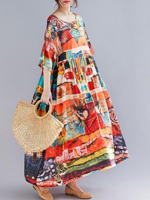 suzanne צבעוני Women Bohemian Abstract Print O-Neck Short Sleeve Dress