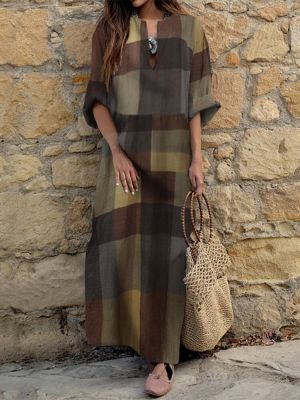 suzanne צבעוני Women Casual Plaid Notch Neck Long Sleeve Vintage Maxi Dresses With Pocket
