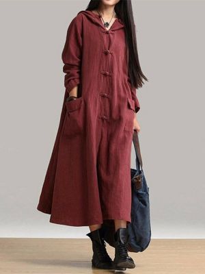 suzanne אדום Vintage Women Long Sleeve Plate Buckles Pocket Hooded Maxi Dress